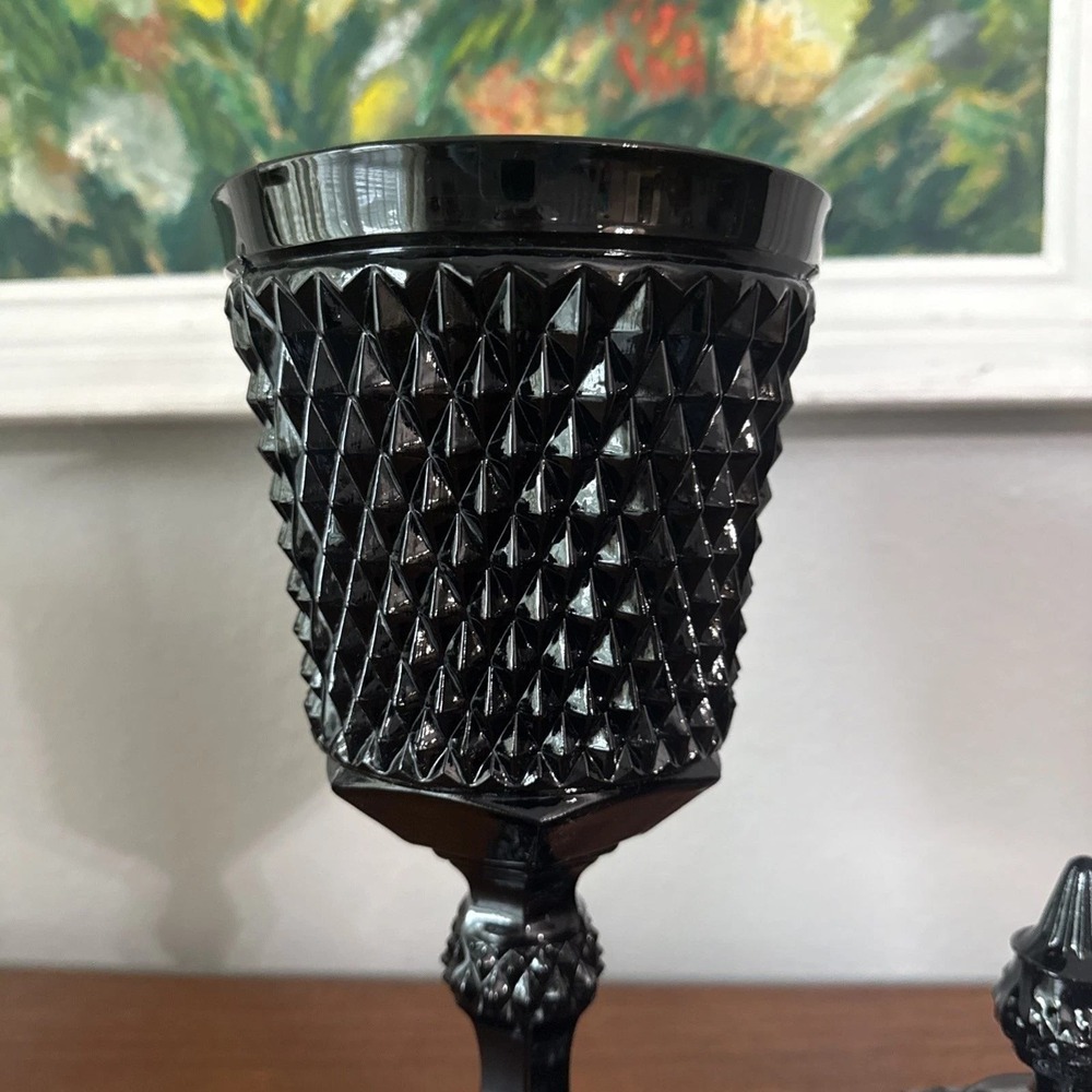 Vintage Black Amethyst Glass Candy Dish with Lid Diamond Point Pedestal Jar 15" - Picture 4 of 4